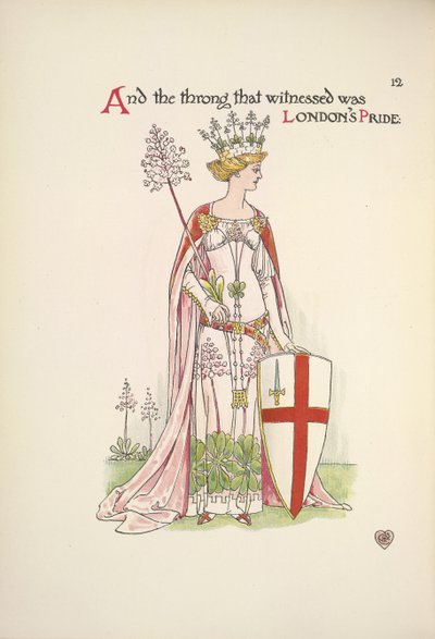 Londons stolthet. En ung kvinne som holder et skjold med korset til St. George av Walter Crane