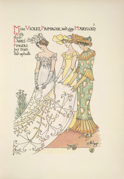 Miss Violet, Primrose og homofile Marygold. Tre unge damer av Walter Crane