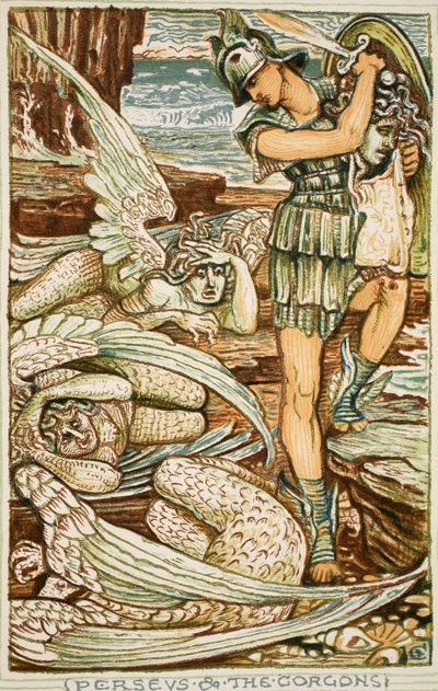 Perseus and the Gorgons, illustrasjon fra 'A Wonder-Book for Girls and Boys' av Nathanial Hawthorne av Walter Crane