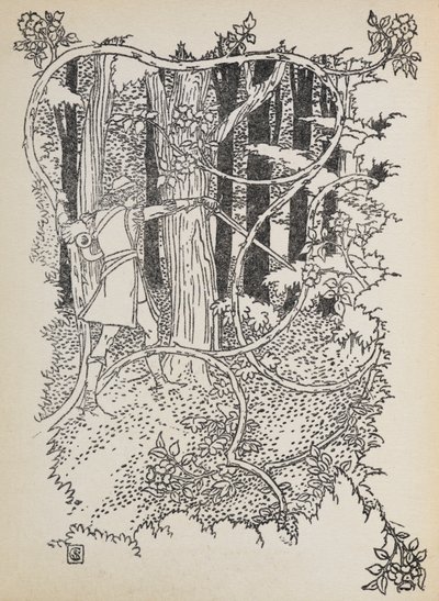 Prince Charming skjærer seg gjennom den gjengrodde skogen til Tornerose. av Walter Crane