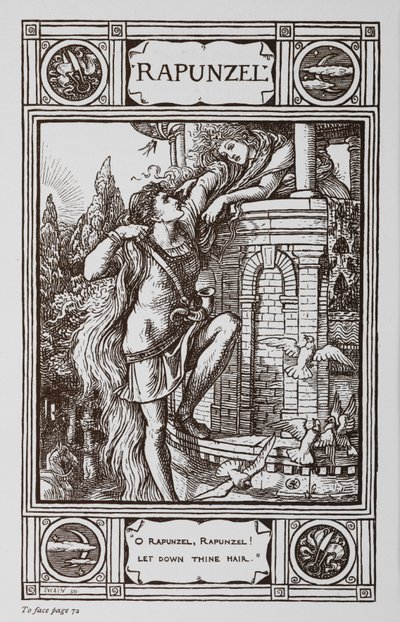 Rapunzel lener seg ut av vinduet til et tårn mens en prins klatrer opp i håret hennes. av Walter Crane