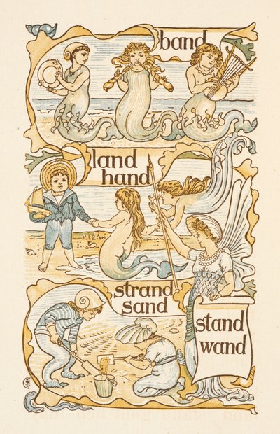 Rimende ord som slutter på bokstaven D. Havfruer. Barn bygger sandslott på en strand. Den gylne grunningen. av Walter Crane