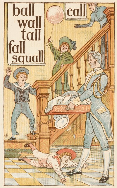 Rimeord som slutter på bokstaven L. Barn og en butler. Den gylne grunningen. av Walter Crane