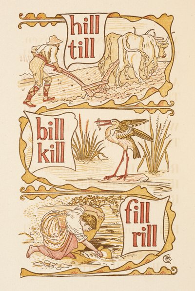 Rimeord som slutter på bokstaven L. Pløying. En stork. Den gylne grunningen. av Walter Crane