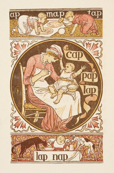 Rimende ord som slutter på bokstaven P. En illustrasjon som viser en kvinne som mater et barn. Den gylne grunningen. av Walter Crane
