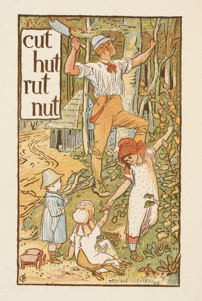 Rimende ord som slutter på bokstaven T. En illustrasjon som viser en mann som hogger et tre. Tre barn er med ham. Den gylne grunningen. av Walter Crane