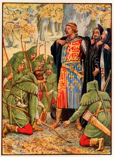 Robin Hood og hans menn kneler for kongen av Walter Crane