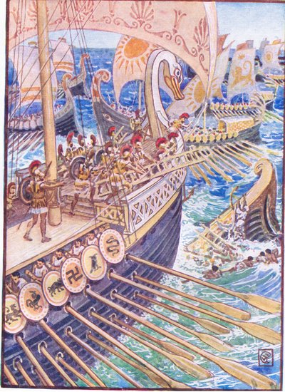 Skipet styrtet mot skipet, til de persiske døde strøk dypt som blomster, illustrasjon fra The Story of Greece, 1930-tallet av Walter Crane