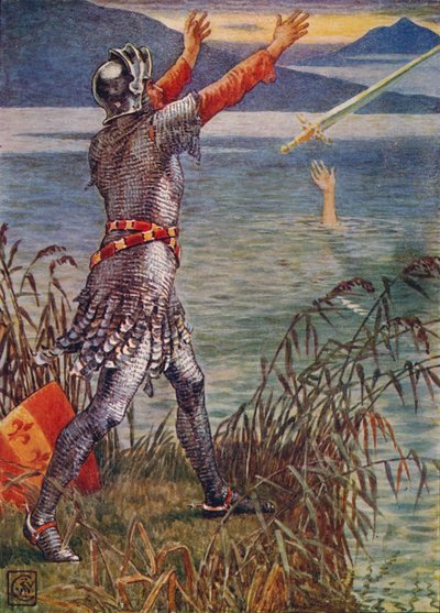 Sir Bedivere kaster sverdet Excalibur i innsjøen, 1911. av Walter Crane