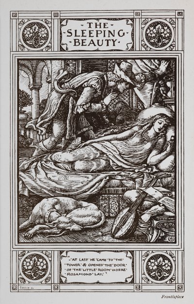 Tornerose ligger og sover omgitt av en sovende hund og et musikkinstrument mens Prince Charming passer på henne. av Walter Crane