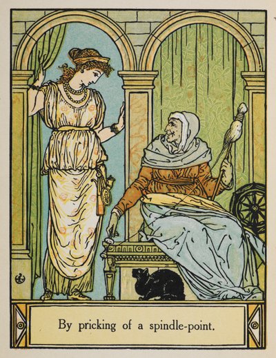 Tornerose står ved siden av en gammel kvinne med spinnehjul og tråd. En svart katt sitter under. av Walter Crane