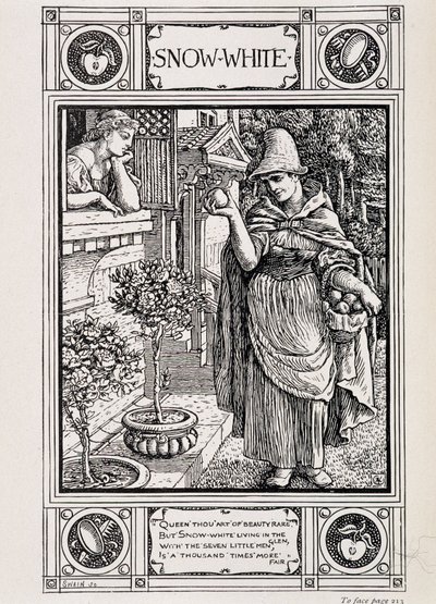 Snøhvit og heksen som passer eplet hennes - i "" Husholdningshistorier fra samlingen til Bros Grimm", oversatt fra tysk av Lucy Crane, London mac millan & Co ltd av Walter Crane