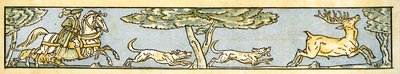 «Jakten er oppe og det er godt nær dag og Harry vår konge er borte på jakt», sangillustrasjon fra «Pan-Pipes», A Book of Old Songs, Nyarrangert og med akkompagnement av Theo. Marzials, publiser av Walter Crane
