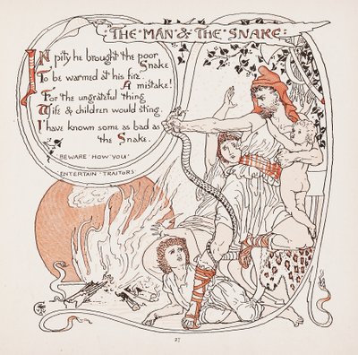 The Man & The Snake, illustrasjon fra Aesops Fables, pub. 1887 av Walter Crane