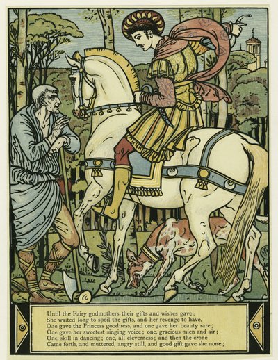 Prinsen spør om veibeskrivelse fra The Blue Beard Picture Book, pub. 1879 (farge litho) av Walter Crane