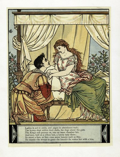 Prinsen vekker skjønnheten, fra The Blue Beard Picture Book, pub. 1879 (farge litho) av Walter Crane