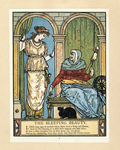 Prinsessen lærer å spinne, fra The Blue Beard Picture Book, pub. 1879 (farge litho) av Walter Crane