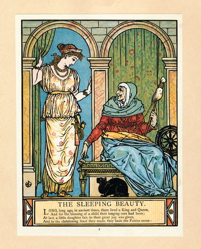 Prinsessen lærer å spinne, fra The Blue Beard Picture Book, pub. 1879 fargelitografi, 1879. av Walter Crane
