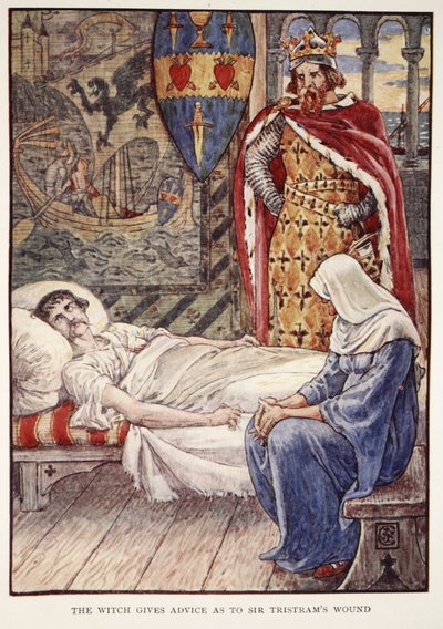 Heksen gir råd om Sir Tristrams sår, fra 'Stories of the Knights of the Round Table' av Henry Gilbert, første utgave, 1911 av Walter Crane