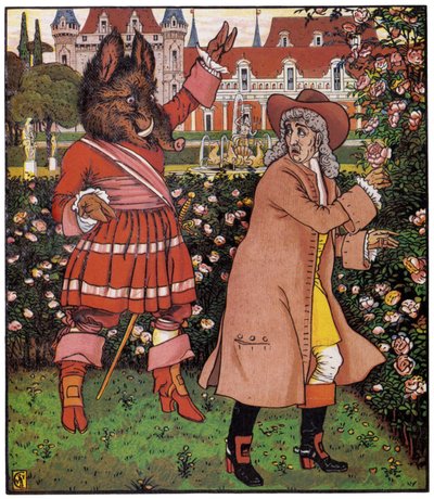 De vakres far plukker roser i rødbetens hage. Illustrasjon av Walter Crane (1845–1915) i «Skjønnheten og rødbeten», England. av Walter Crane