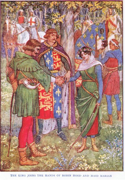 Kongen slutter seg til Robin Hood og Maid Marian, ca. 1920 av Walter Crane