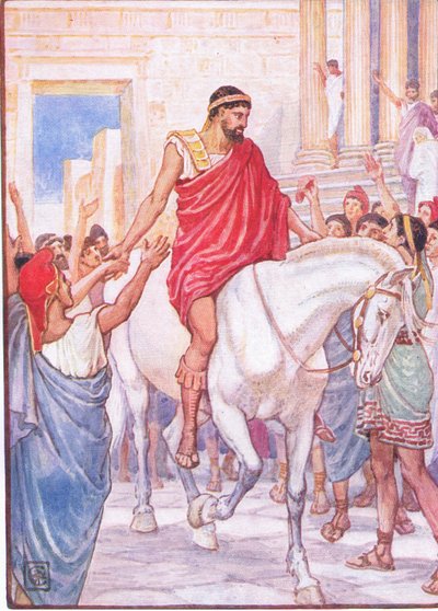 Folkemengden hilste ham med høye akklamasjoner, illustrasjon fra The Story of Greece, 1930-tallet av Walter Crane