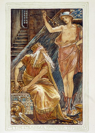 Den fremmede som dukker opp for Midas (Hermes apparait devant Midas) - i "" En vidunderbok for jenter og gutter: hagtorn", av Walter Crane av Walter Crane