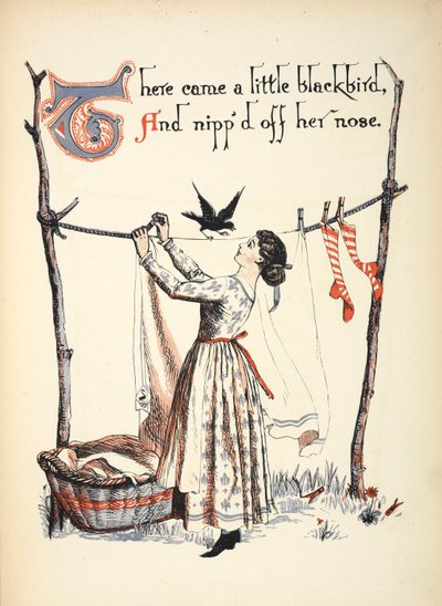 Det kom en liten svarttrost, og nappet av nesen hennes. av Walter Crane