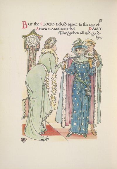 Bryllupsgjester drar. En dame tar farvel; en mann som hjelper henne med frakken av Walter Crane