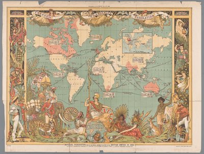Verdenskart som viser det britiske koloniriket, 1886 Imperial Federation, kart over verden som viser omfanget av det britiske imperiet i 1886 (tittel på objekt) av Walter Crane