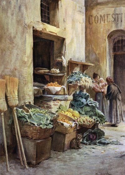 Grønnsaksbutikk, italienske rivieraen (farge litho) av Walter Frederick Roofe Tyndale