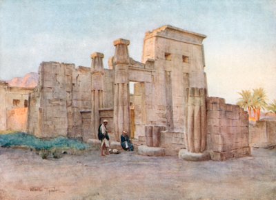 Templet til Nektenebo, Medinet Habu (farge litho) av Walter Frederick Roofe Tyndale