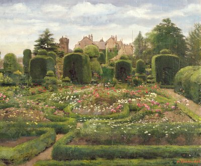 The Topiary Gardens, Levens Hall, Cumbria, 1886 (olje på lerret lagt om bord) av Walter Frederick Roofe Tyndale