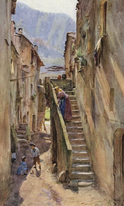 Vicolo del Ponte, Villa Nuova Di Albenga, Italia (farge litho) av Walter Frederick Roofe Tyndale