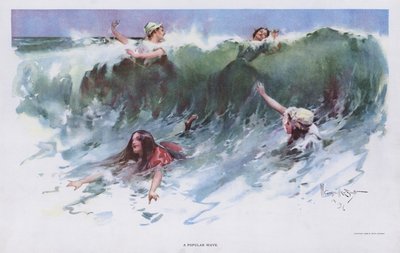 En populær bølge: kvinner som leker i bølgene ved sjøen (farge litho) av Walter Granville Smith