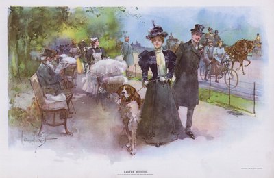 Påskemorgen: kvinne promenerer med kjæledyrhunden sin (farge litho) av Walter Granville Smith