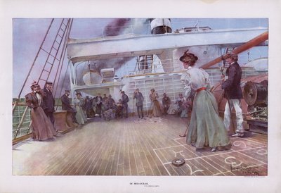 In Mid-Ocean: passasjerer nyter et slag shuffleboard om bord på et skip (farge litho) av Walter Granville Smith