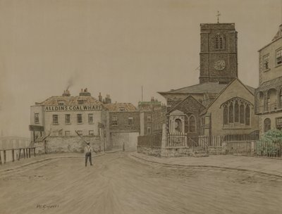 Alldins Coal Wharf og Chelsea Old Church, London (blyant og vask på papir) av Walter Greaves