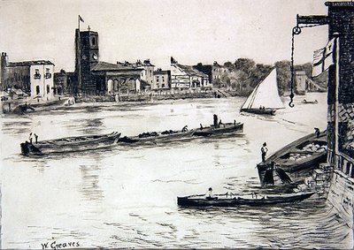 Chelsea Old Church fra Battersea (conte & vask på papir) av Walter Greaves