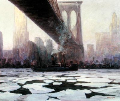 Skip i frossent vann under Brooklyn Bridge (olje på lerret) av Walter Koeniger