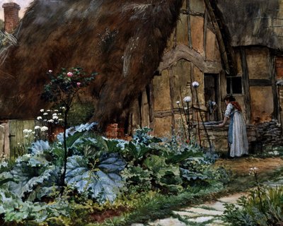 Ved hytta. Samtale ved vinduet i et landsted. Maleri av Well Walter Langley (1852–1922 britisk) Privat samling av Walter Langley