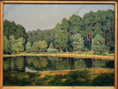 Skoglandskap med en innsjø i Brandenburg av Walter Leistikow