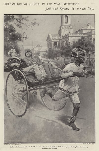 Britisk sjømann og soldat tar en tur i en rickshaw gjennom gatene i Durban under en pause i kampene i Boerekrigen (litho) av Walter Paget