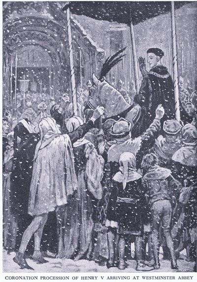 Kroningsprosesjon av Henry V som ankommer Westminster Abbey 1413, fra Cassells History of the British People utgitt av Waverley Book Company Limited, ca. 1940 av Walter Paget
