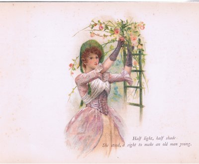 Halvlys, halvskygge, illustrasjon fra Tennyson Pictures utgitt av E P Dutton & Co, ca. 1900 (farge litho) av Walter Paget