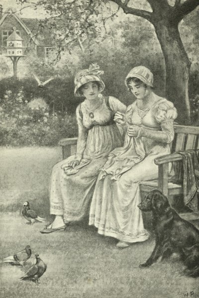 Jane Austen, sy, med søsteren Cassandra i prestegården (litho) av Walter Paget