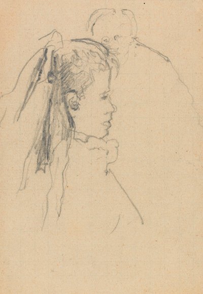 Hode og byste av en jente i profil til høyre, hodet til en mann, helt foran, bak (grafitt på papir) av Walter Richard Sickert