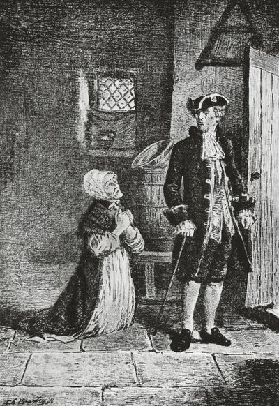Elspeth og Lord Glenallan, illustrasjon for Antiquary, historisk roman av Walter Scott (1771-1832), gravering av Walter Scott
