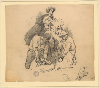 Tre menn ved en saueklipping av Walter Shirlaw