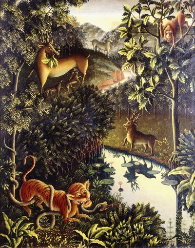 Tierfabel: Tiger and Snake in Combat in a Primeval Forest av Walter Spies